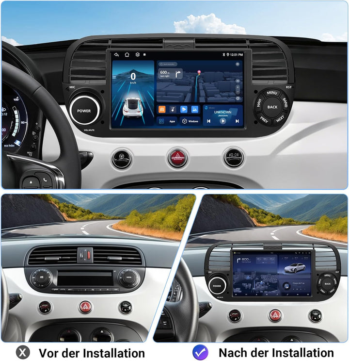 ESSGOO 4+64G Wireless Autoradio Android 14 mit Carplay und Android Auto Für FIAT 500 2007-2015 mit 7