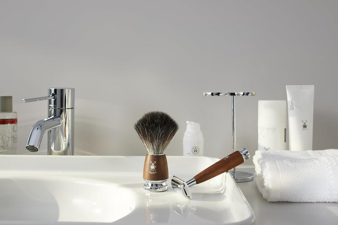 MÜHLE Rytmo Rasierset 8 tlg. - Pinsel, Hobel und Ständer verchromter Fuss, Klinge, Seife, Tuch, Afte