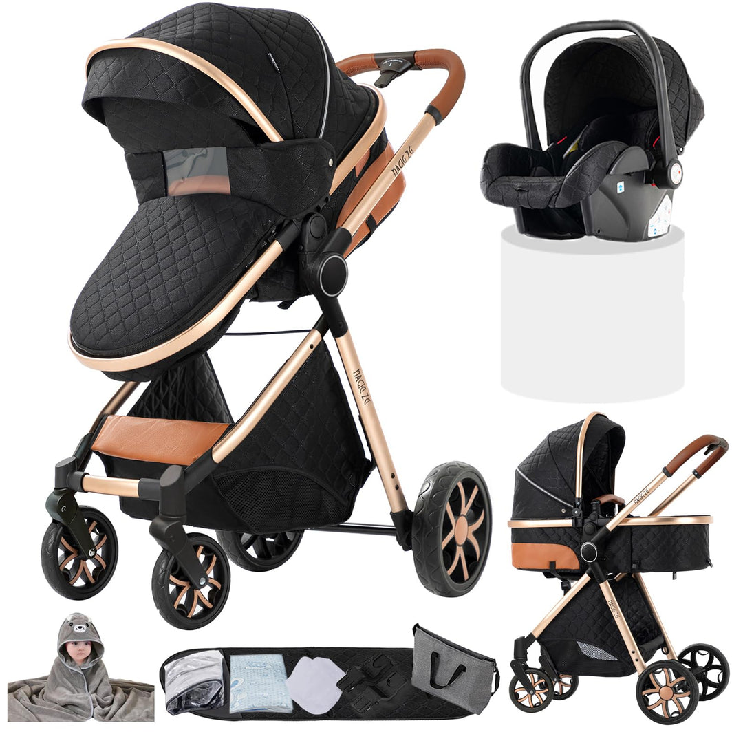 3 in 1 Kinderwagen Komplettset mit Ein-Klick-Faltdesign, Zwei Umkehrbaren Schiebemodi, Rahmen aus Al