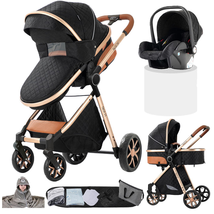 3 in 1 Kinderwagen Komplettset mit Ein-Klick-Faltdesign, Zwei Umkehrbaren Schiebemodi, Rahmen aus Al