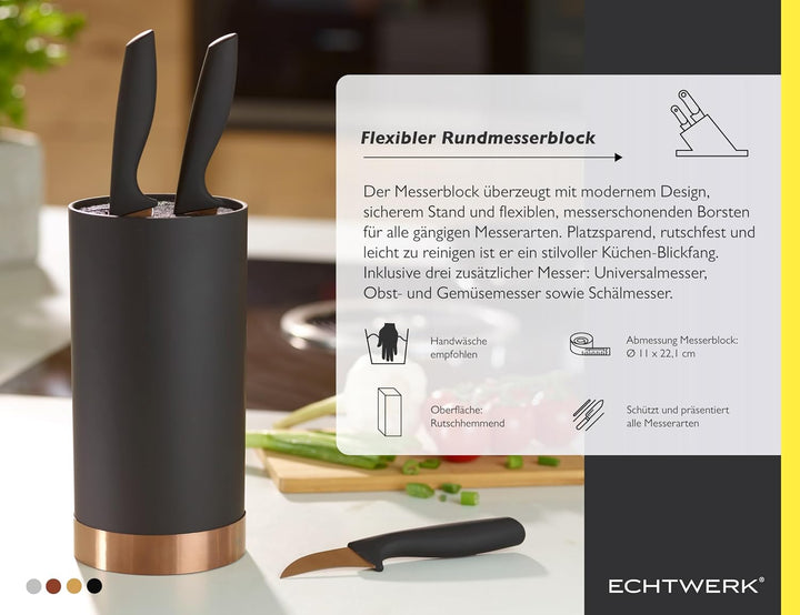ECHTWERK Messerblock mit Borsteneinsatz |Küchenmesser Set 4tlg | Universalmesser | Schälmesser | Gem