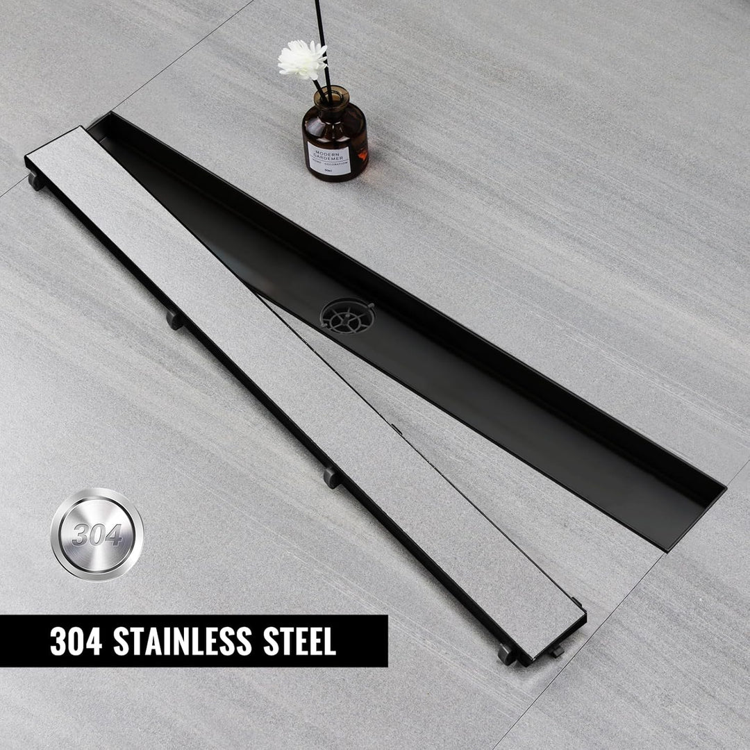 Duschrinne 30 cm, Schwarz Befliesbar Duschrinne extra flach, Edelstahl Bodenablauf Komplettset mit 3