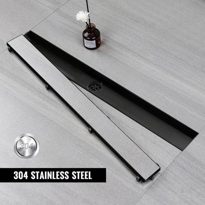 Duschrinne 30 cm, Schwarz Befliesbar Duschrinne extra flach, Edelstahl Bodenablauf Komplettset mit 3
