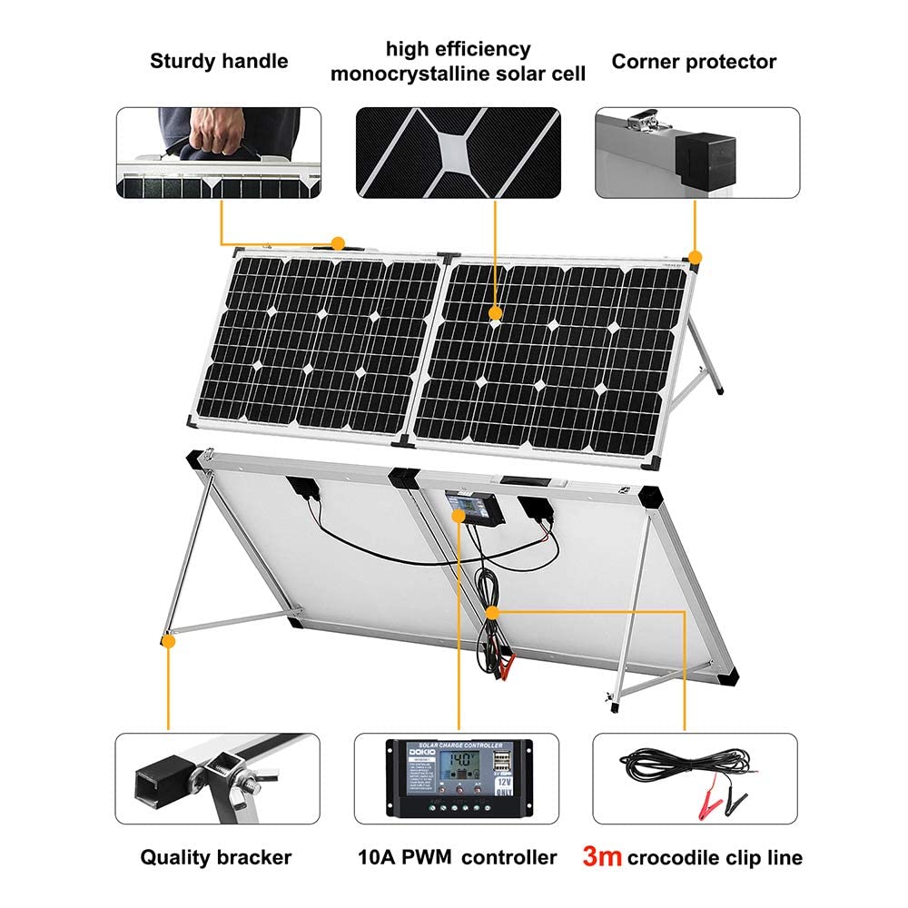 DOKIO Solarkoffer 100W mit Laderegler (2 USB-Ports) Solarpanel Faltbar für 12V Batterie Inklusive Tr