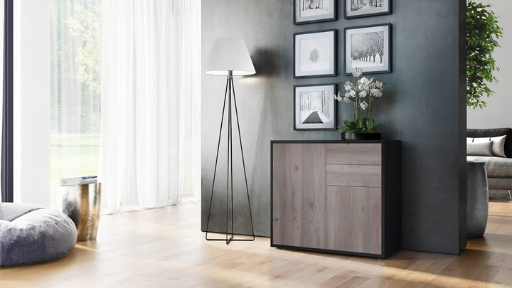 Vladon Sideboard Ben, Kommode mit 2 Türen und 2 Schubladen, Schwarz matt/Eiche Nordic (79 x 74 x 36