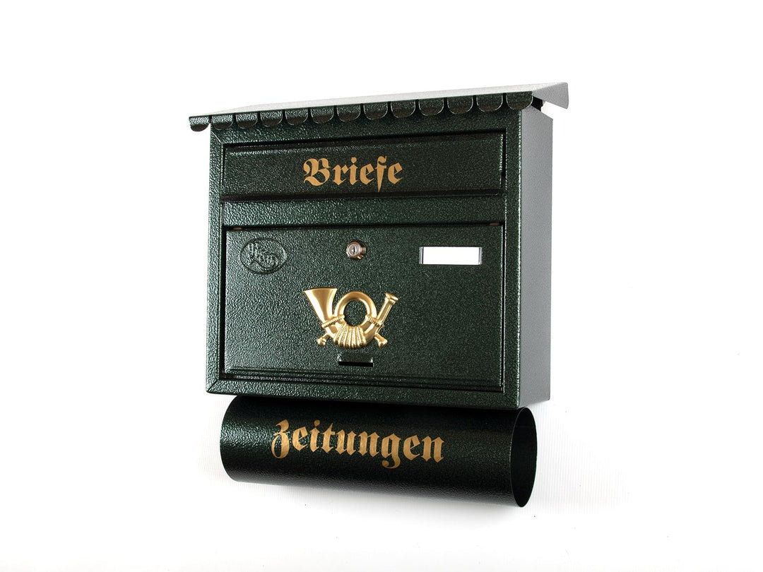 XXL Briefkasten Postkasten Zeitungsrolle Nostalgie Namenschild Wandmontage Flachdach (Antik Grün), A