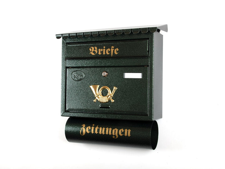 XXL Briefkasten Postkasten Zeitungsrolle Nostalgie Namenschild Wandmontage Flachdach (Antik Grün), A