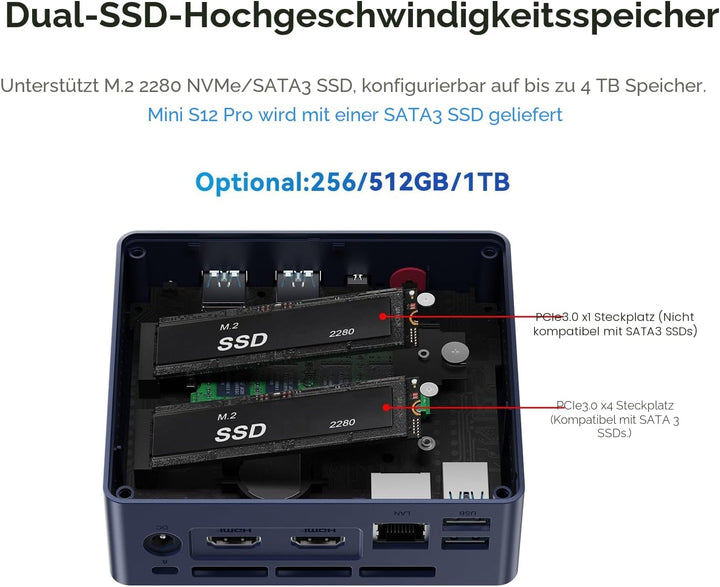 Beelink Mini S12 Pro Mini PC, Intel 12th Gen Alder Lake-N100(bis zu 3.4GHz), 16GB DDR4 RAM 500GB SSD