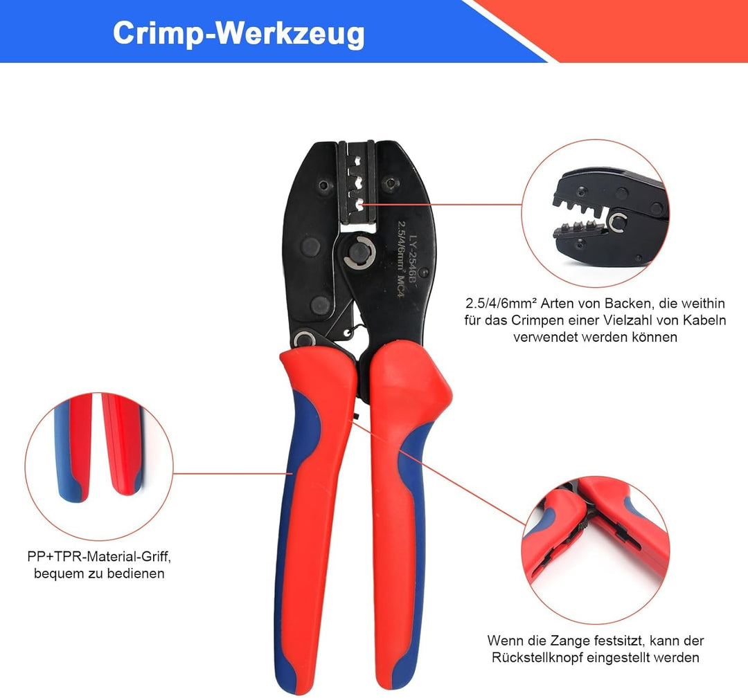 Solar Crimpzange Werkzeug Set für 2,5/4/6 mm² Solarpanel-Solarkabel, 2 Paar Solarstecker + 1x Crimpz