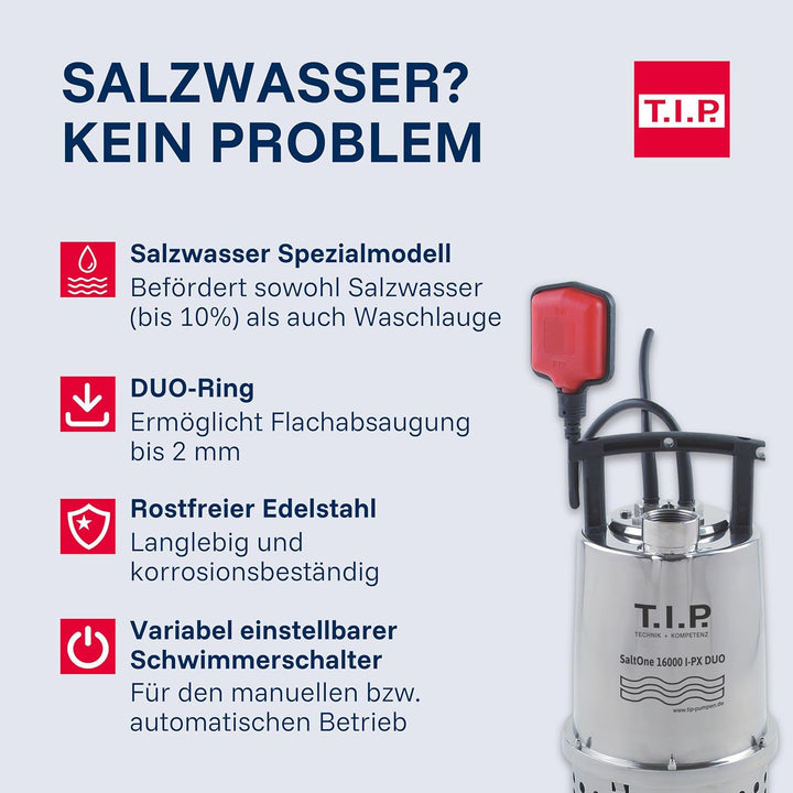 T.I.P. SaltOne 1600 I-PX DUO Salzwasser-Tauchpumpe (bis 16.000 l/h Fördermenge, Förderhöhe max. / Dr