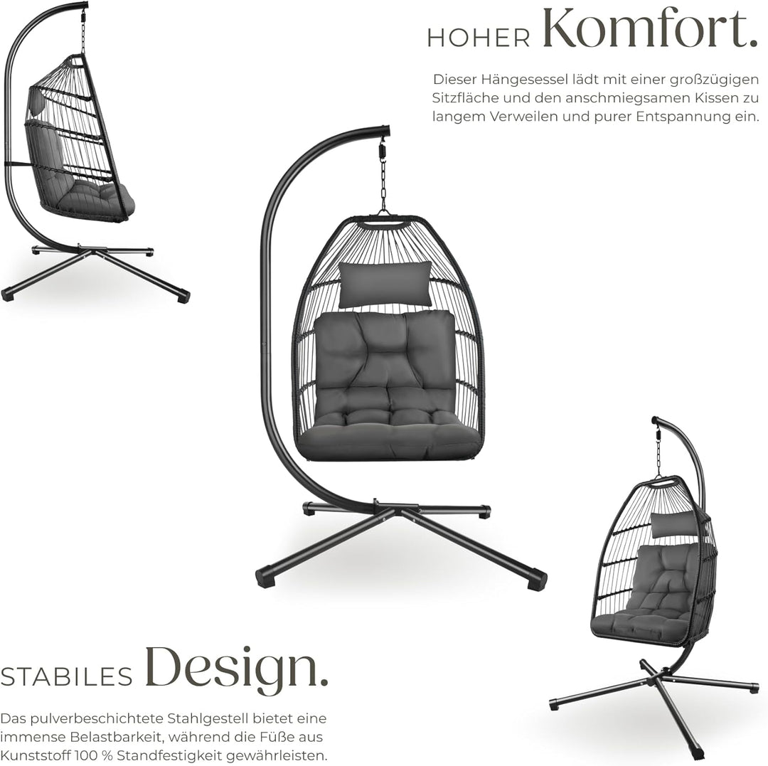 tectake® Hängesessel mit Gestell, Dicke Kissen, Möbel, Deko für Wohnzimmer, Jugendzimmer, Balkon, Ou