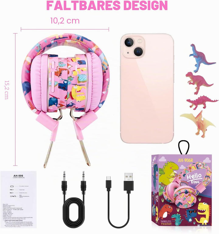 JYPS Bluetooth Kopfhörer Kinder, Dinosaurier Kopfhörer Kabellos Kinder mit Kabel und Mikrofon, Kids
