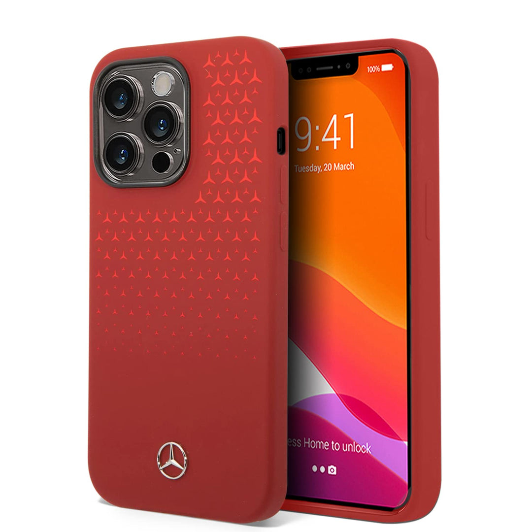 CG MOBILE Mercedes-Benz Schutzhülle für iPhone 14 Pro in Rot Farbverlauf Stern Muster Flüssigsilikon