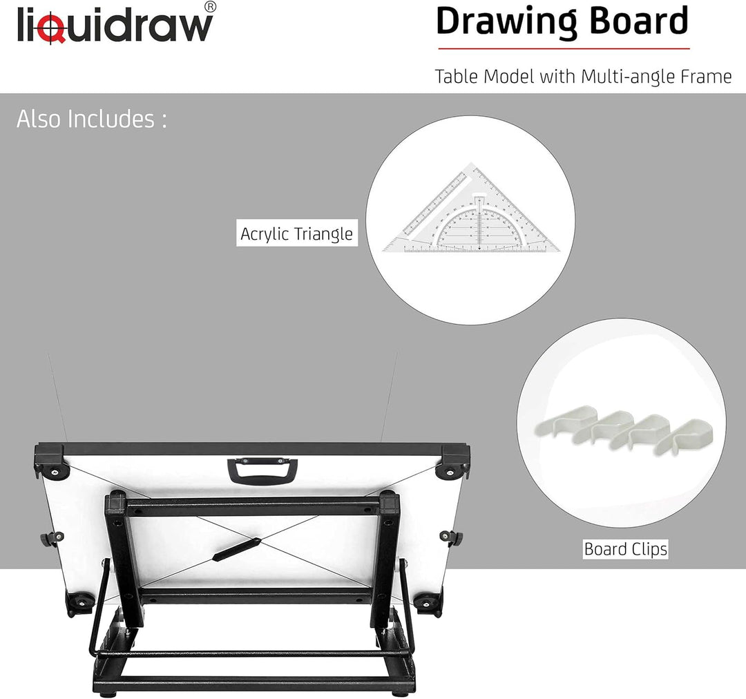 Liquidraw TTM02 Parallel Motion Zeichenbrett, A2, mit 5 verstellbaren Arbeitswinkeln, Clips und quad