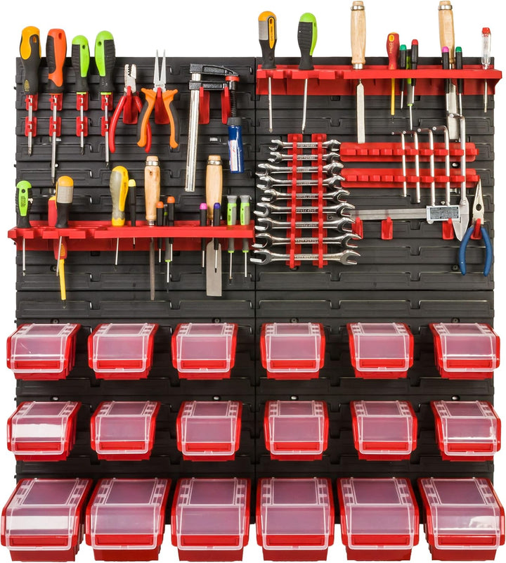 Lagersystem Werkstattregal | 78 x 78 cm | 18 stck. Box | Wandregal mit Werkzeughalterungen und Stape