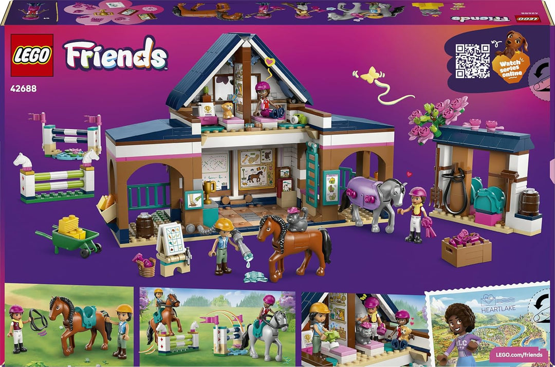 LEGO Friends Pferdestall und Reitschule - Lern-Spielset mit 3 Mini Puppen, 2 Pferdefiguren, einem Hu