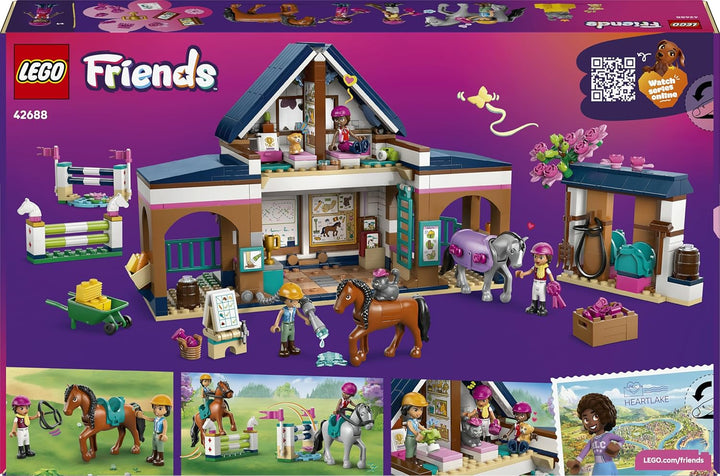 LEGO Friends Pferdestall und Reitschule - Lern-Spielset mit 3 Mini Puppen, 2 Pferdefiguren, einem Hu