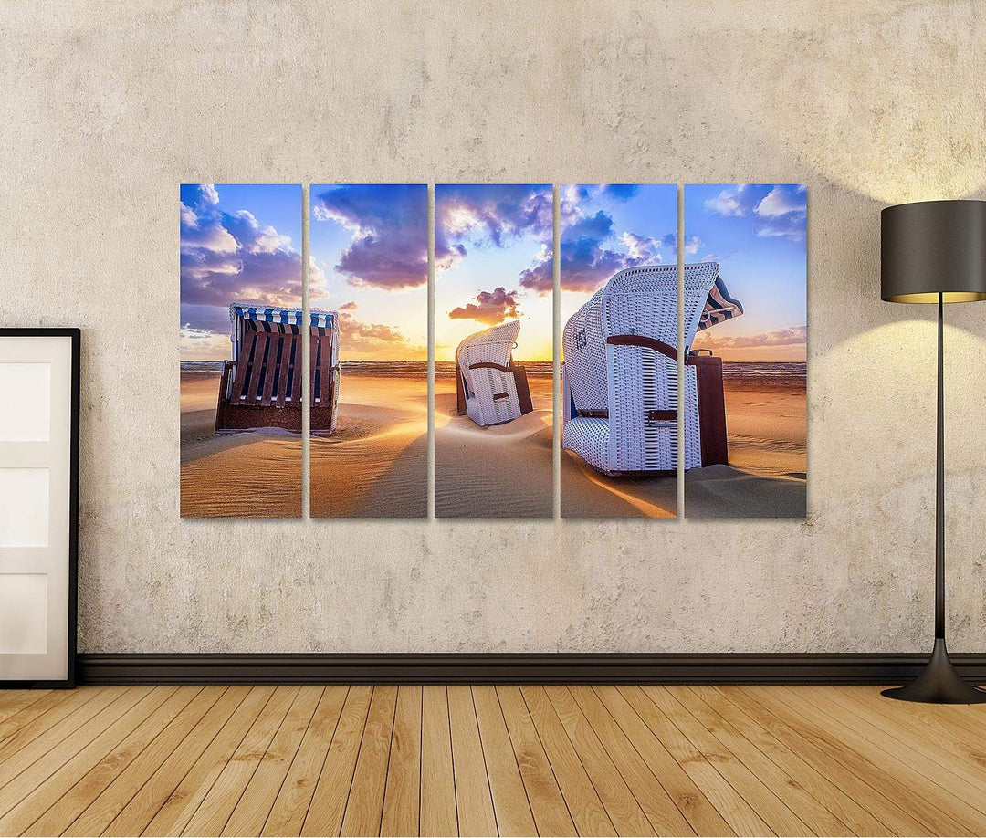 islandburner Bild auf Leinwand Strand Sonnenuntergang Ostsee Strandkörbe Bilder Wandbilder Poster Le