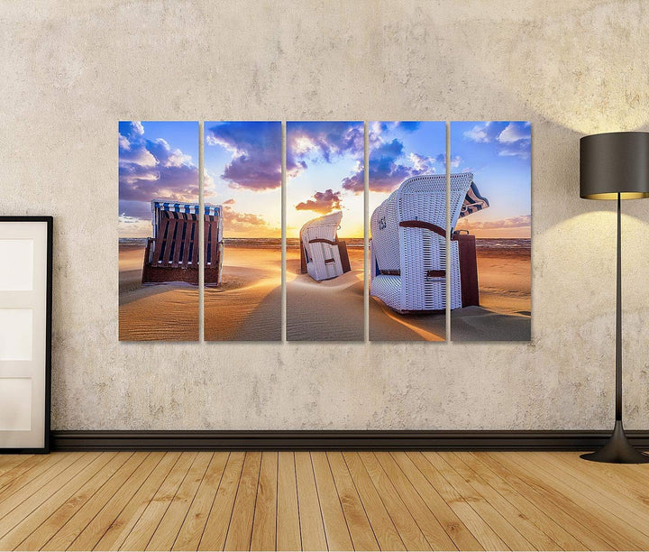 islandburner Bild auf Leinwand Strand Sonnenuntergang Ostsee Strandkörbe Bilder Wandbilder Poster Le