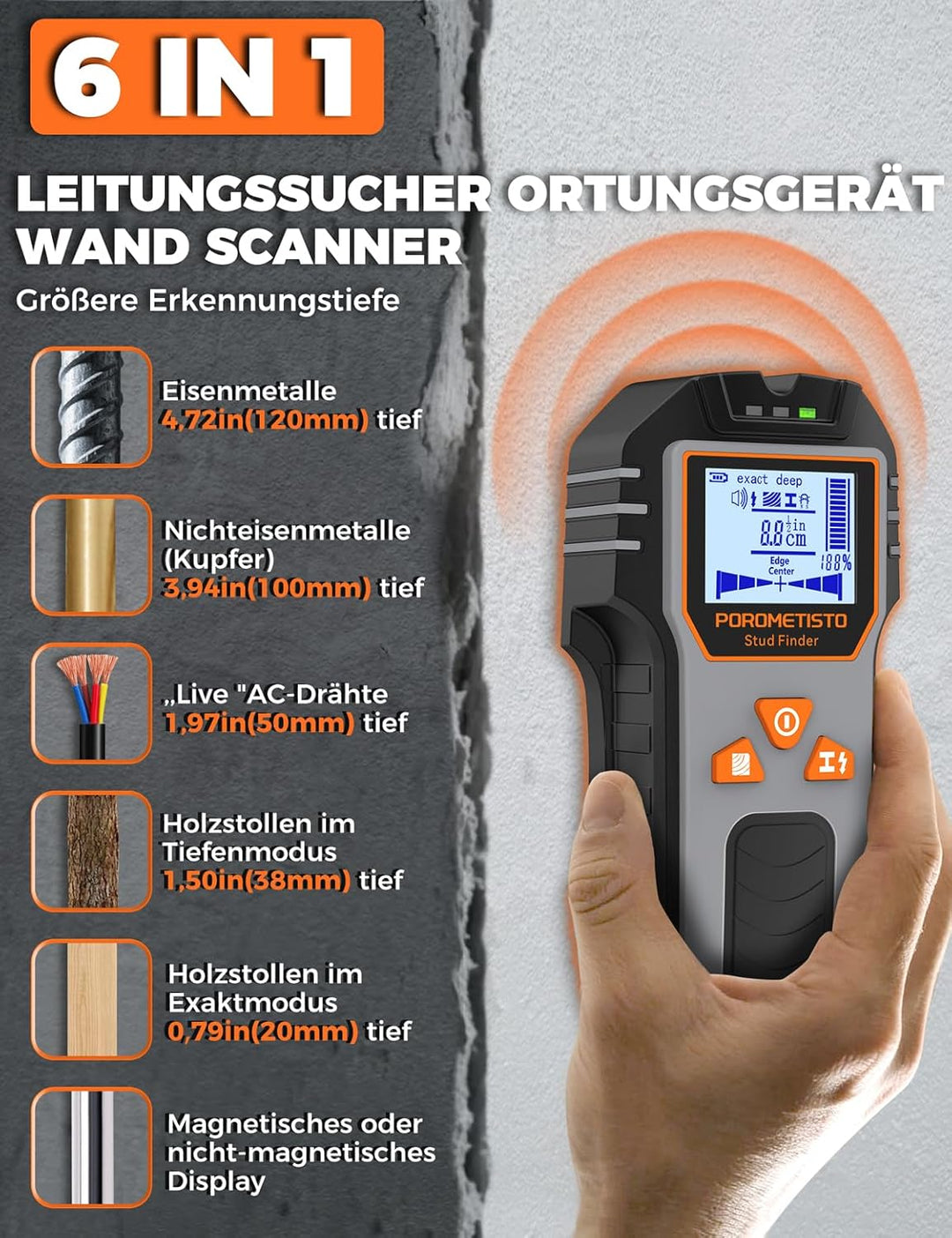 Leitungssucher Ortungsgerät, POROMETISTO DSF01 Wand Scanner, 6-in-1 Multifunktional Stud Finder | Le