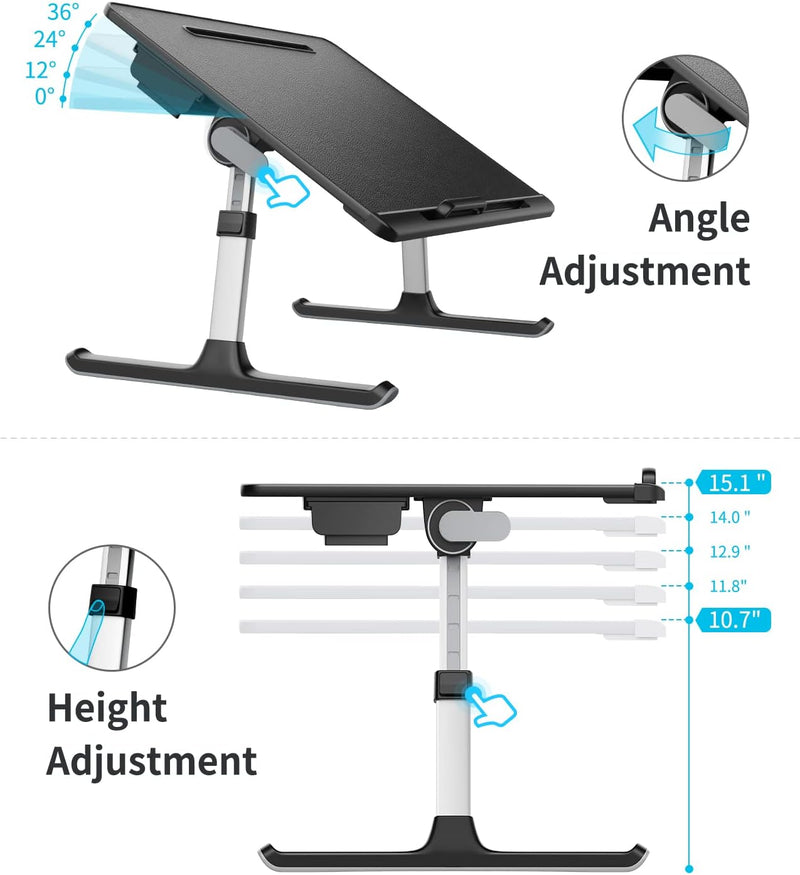 Saiji Laptop-Bett-Tablett, Verstellbarer Laptop-Betttisch, klappbarer Laptop-Ständer mit Schublade,