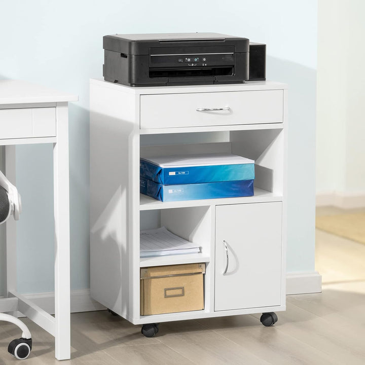 SoBuy FBT106-W Druckertisch mit Schublade und Tür Aktenschrank Rollcontainer mit Fächern Bürowagen B