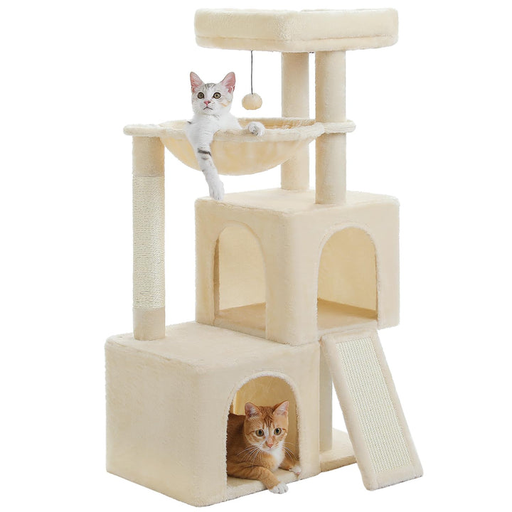 PETEPELA Kratzbaum 104cm Katzenbaum mit 2 geräumigen Höhle für Wohnungskatzen, Katzenhaus mit bequem