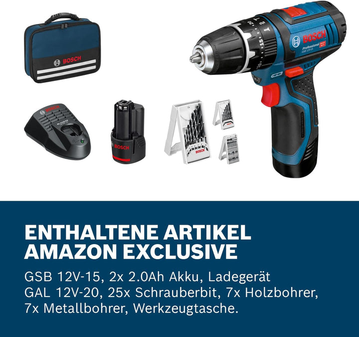 Bosch Professional 12V System Akku-Schlagbohrschrauber GSB 12V-15 (inkl. 2x2.0 Ah Akku, Schnellladeg