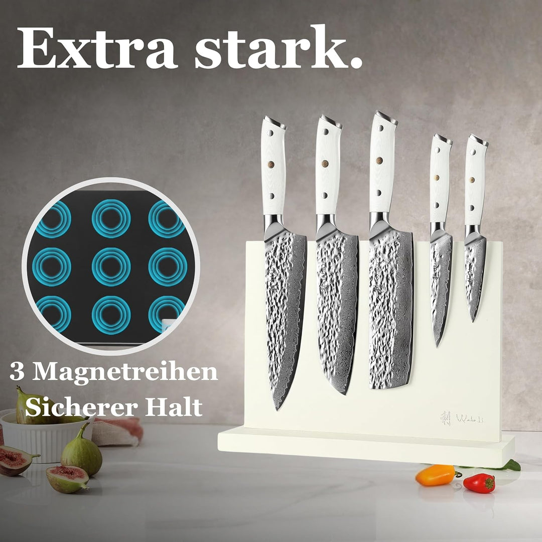 Wakoli Perle Blanche Damastmesser-Set mit Messerblock | 5-teilig, 9–20 cm Klingen aus 67 Lagen Damas