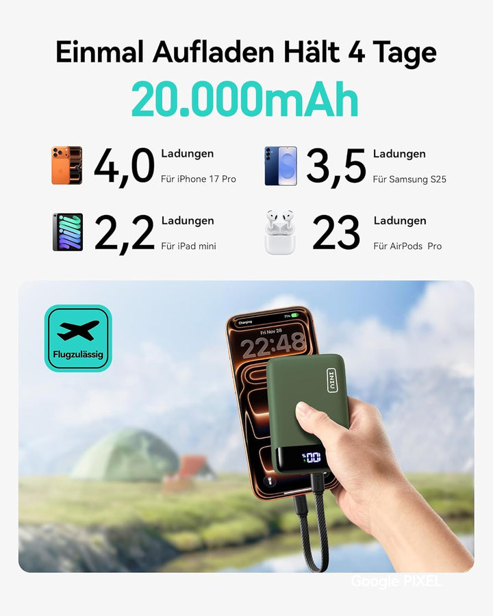 INIU Power Bank, Ultra Klein 20000mAh 22.5W Schnellladefunktion Power Bank, USB-C In&Out Externe Han