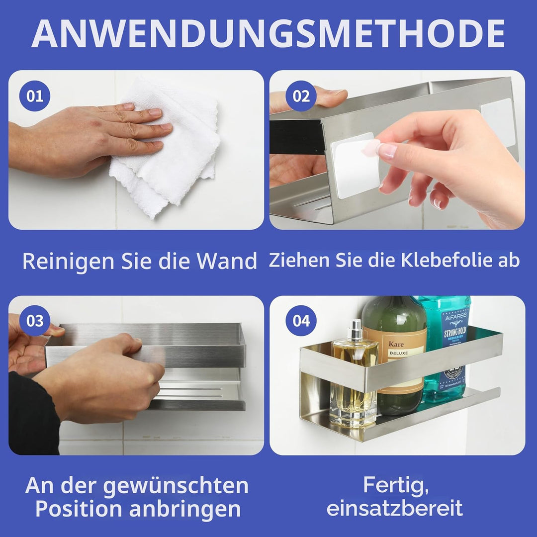 Duschablage Ohne Bohren mit 4-Haken,Duschregal aus Edelstahl SUS304 Duschregal Wandmontage Badregal,