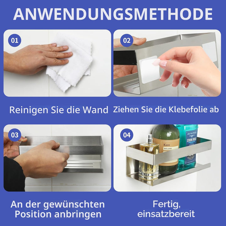 Duschablage Ohne Bohren mit 4-Haken,Duschregal aus Edelstahl SUS304 Duschregal Wandmontage Badregal,