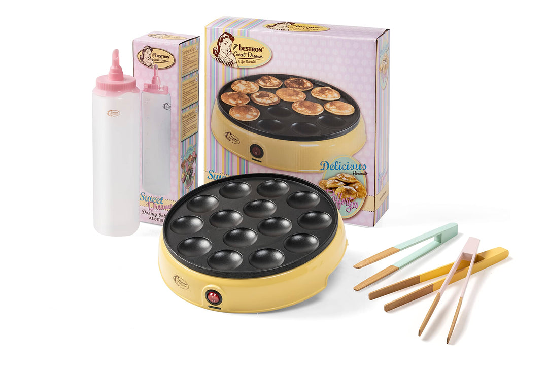 Bestron Poffertjesmaker, Vorteilspaket inkl. Teigflasche & 3-Set Servierzangen, ideal für Weihnachte