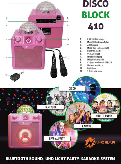 N-Gear DISCO410 Karaoke & Party Bluetooth Lautsprecher mit Discokugel, Mikrofon und Power Bank Funkt