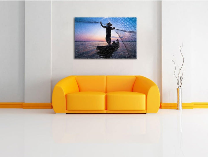 Pixxprint Fischer wirft Sein Netz aus als Leinwandbild/Grösse: 100x70 / Wandbild/Kunstdruck/fertig b