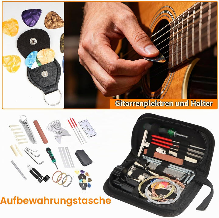 63 Stück Gitarren-Reparatur-Set, Gitarrenpflege-Reinigungs-Werkzeug-Set mit Sattel, Steg, Stimmgerät