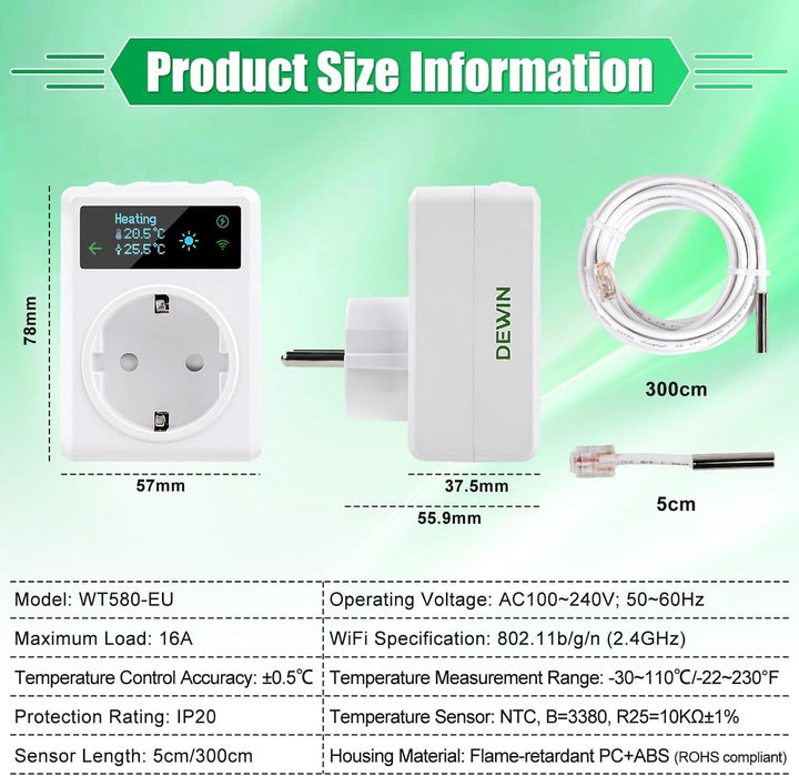 WiFi Thermostat, 16A AC100~240V Steckdosen-Thermostat WLAN Digital Thermostat Steckdose kompatibel m