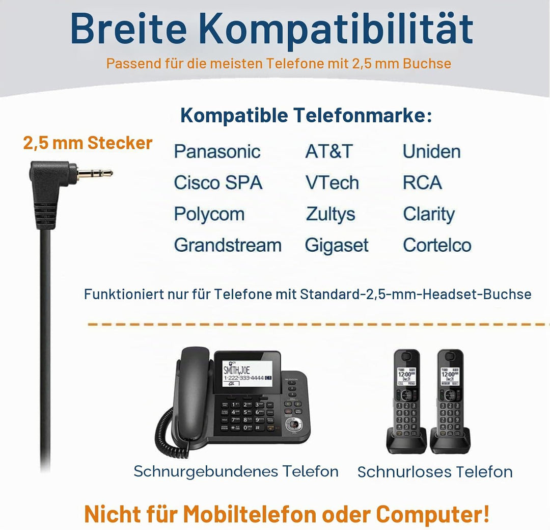 Wantek 2,5mm Klinke Headset Telefon mit Mikrofon Noise Cancelling & Lautstärkeregler, Schnurlos Fest