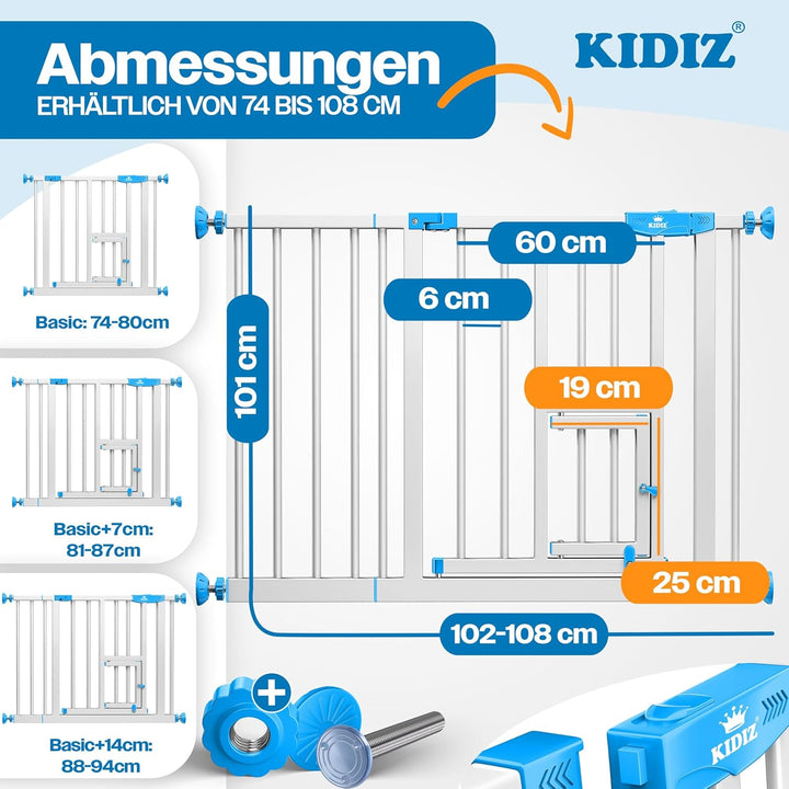 KIDIZ Absperrgitter zum Klemmen mit Katzenklappe, Türschutzgitter, Autoclose Kinder Treppengitter oh