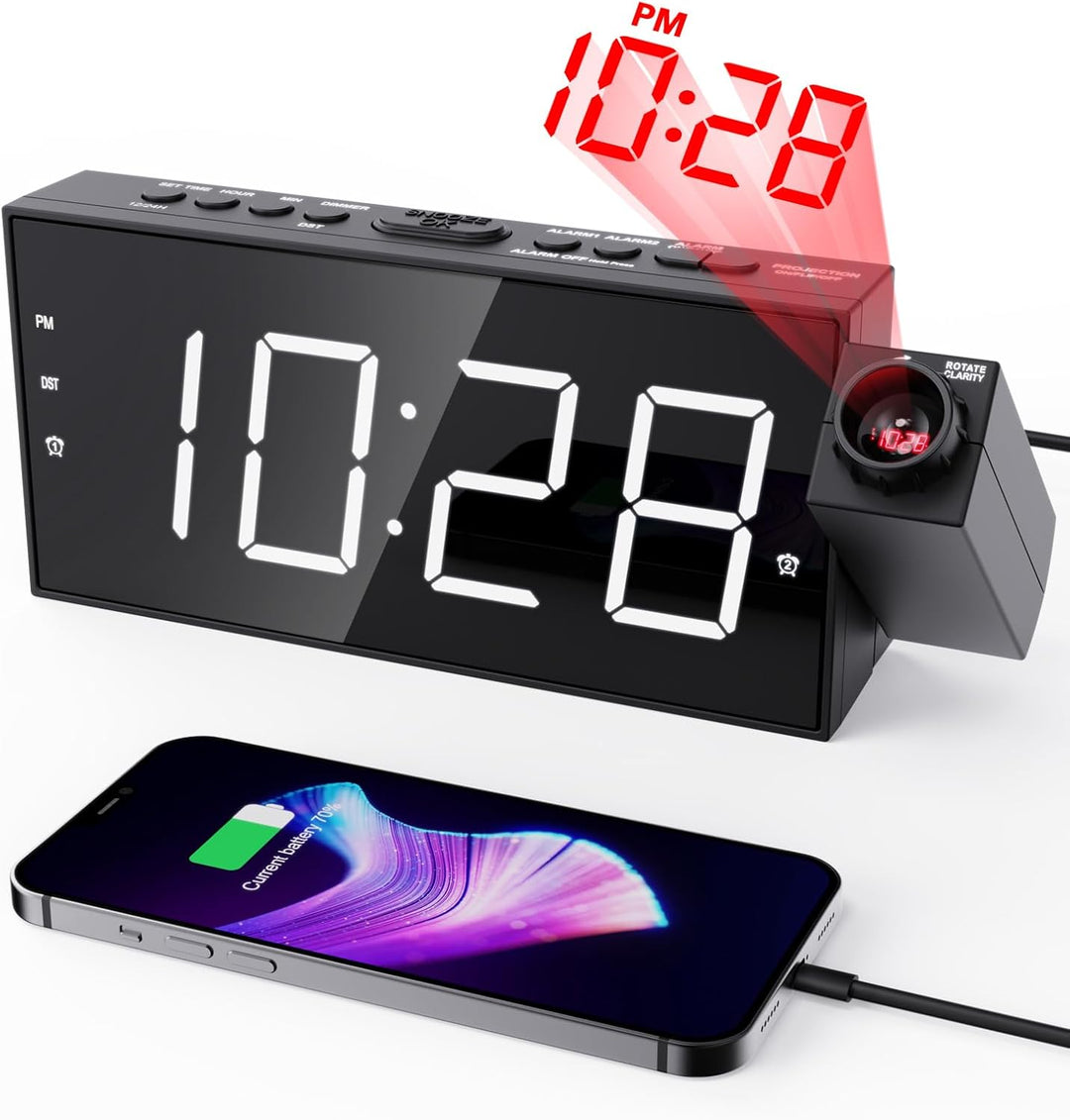 ROCAM Wecker mit Projektion für Schlafzimmer, LED Projektionswecker an der Decke mit USB Ladegerät,