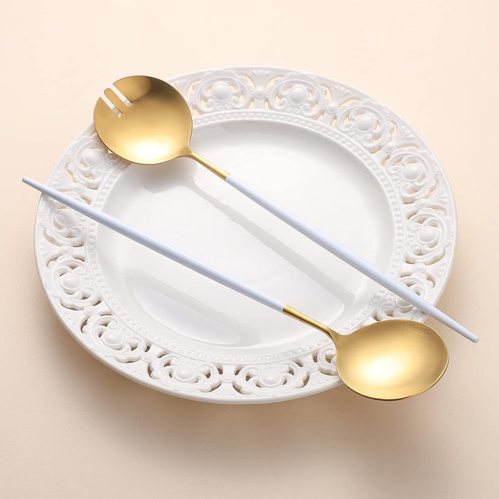 Salatbesteck, Löffel und Gabel, 29 cm, 18/10 Edelstahl, Titanbeschichtung (Weissgold) Weiss/Gold, We