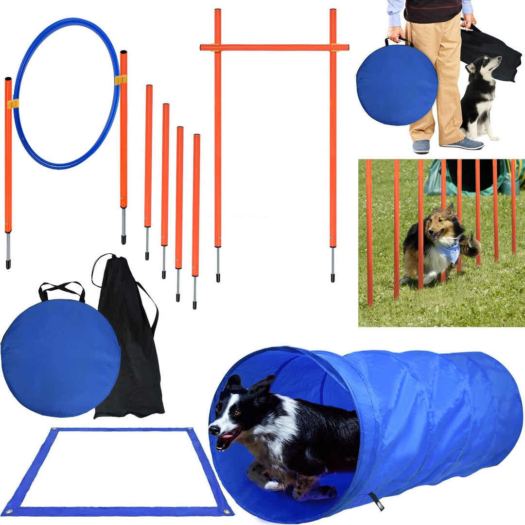 Agility Set für Hunde Trainingsset mit Hundetunnel, Höhenverstellbare Hürden, Hindernisse, Sprungrin