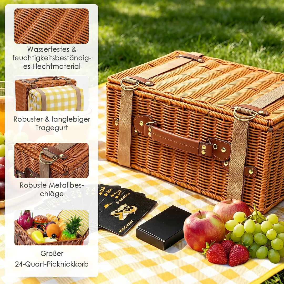 DEWEL Picknickkorb Set,Enthält eine Picknickdecke,eine Kühltasche und Brettspiele sowie Kartenspiele