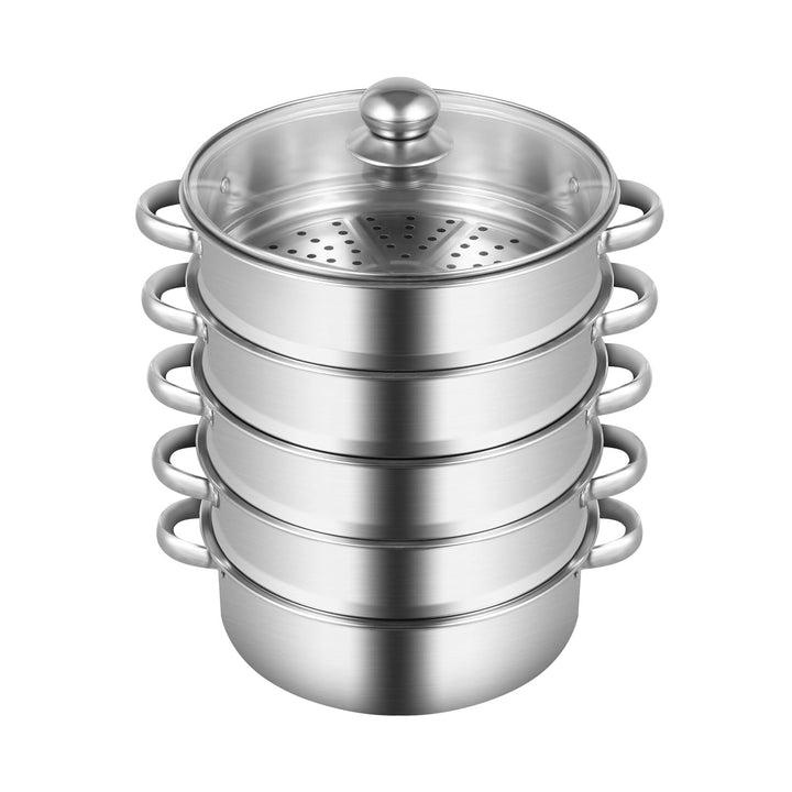 5-Lagiger Edelstahl Dampfgarer mit Glasabdeckung, Gardampfkochtopf Set, Multifunktional Dampfkocher,