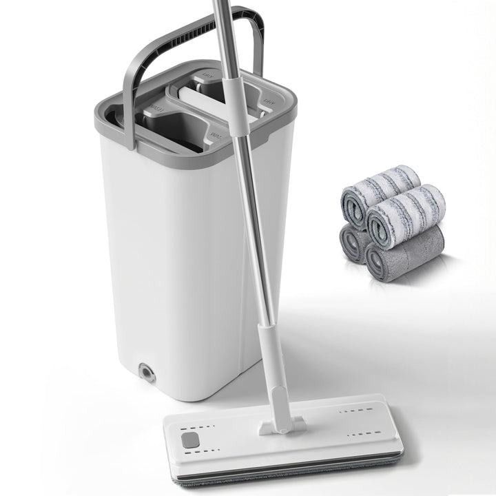 Masthome Bodenwischer Set mit Eimer,Wischmopp Set mit Edelstahlgriff und 4 Mikrofaser Moppkopf, Putz