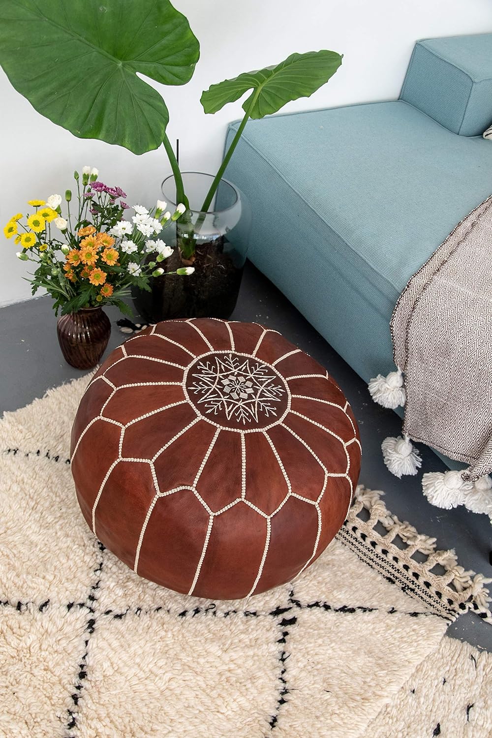 See the Good Echtleder Pouf - Handgefertigt - gefüllt geliefert - Ottoman Sitzsack Fusshocker Puff (