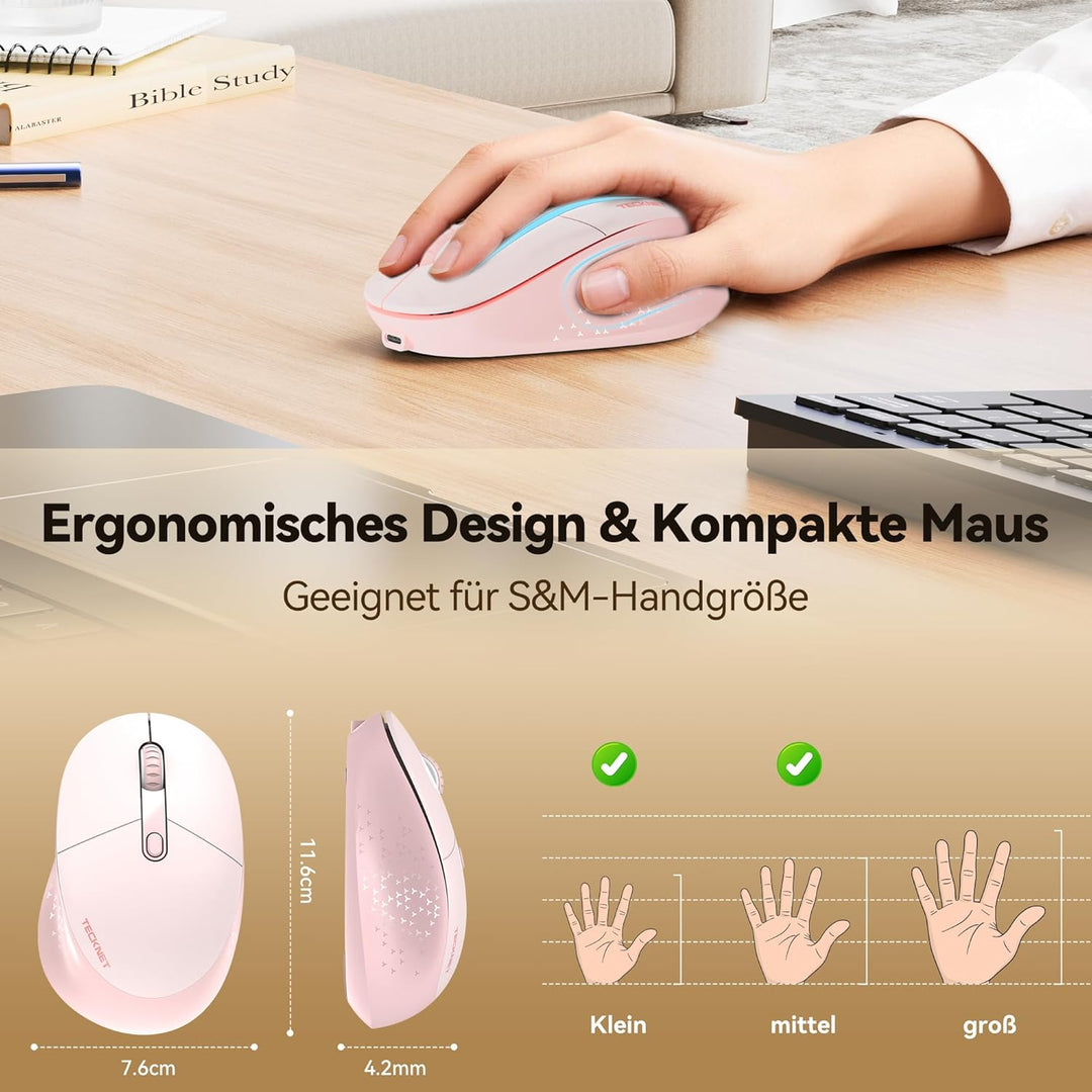 TECKNET Classic Kabellose Maus, Silent Bluetooth Maus (Tri-Modus BT5.2/3.0+2.4G), Wiederaufladbar Er