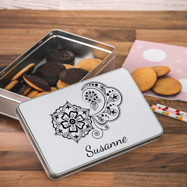 gravur-farbik.de – personalisierbare eckige Dose mit Name oder Wunschtext – Zentangle Blume Motiv –