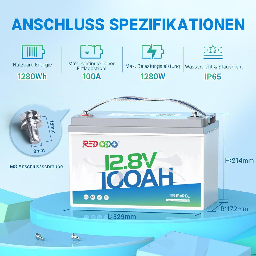 Redodo 12V 100Ah LiFePO4 Batterie, 1280Wh Lithium Akku mit 100A BMS, 4000+ Zyklen, 10 Jahre Lebensda