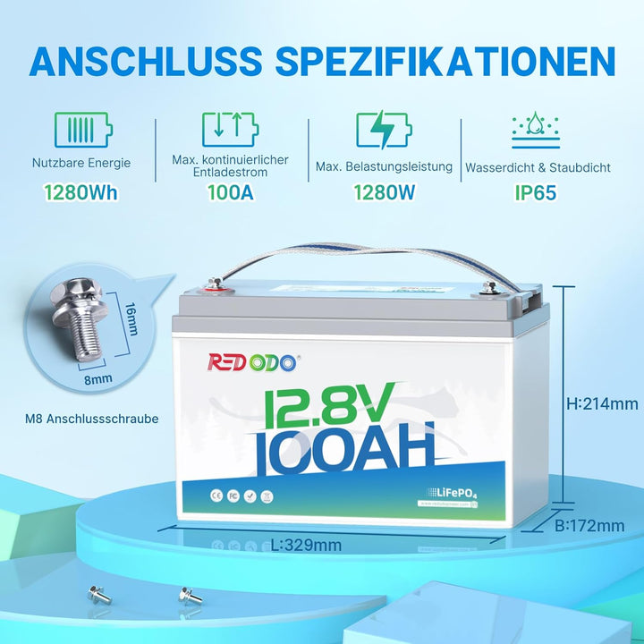 Redodo 12V 100Ah LiFePO4 Batterie, 1280Wh Lithium Akku mit 100A BMS, 4000+ Zyklen, 10 Jahre Lebensda